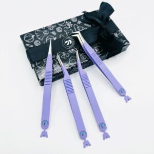 Eyelash Extension Tweezers Set in Purple Powder Coated with Butterfly on Bottom by SURGLEE